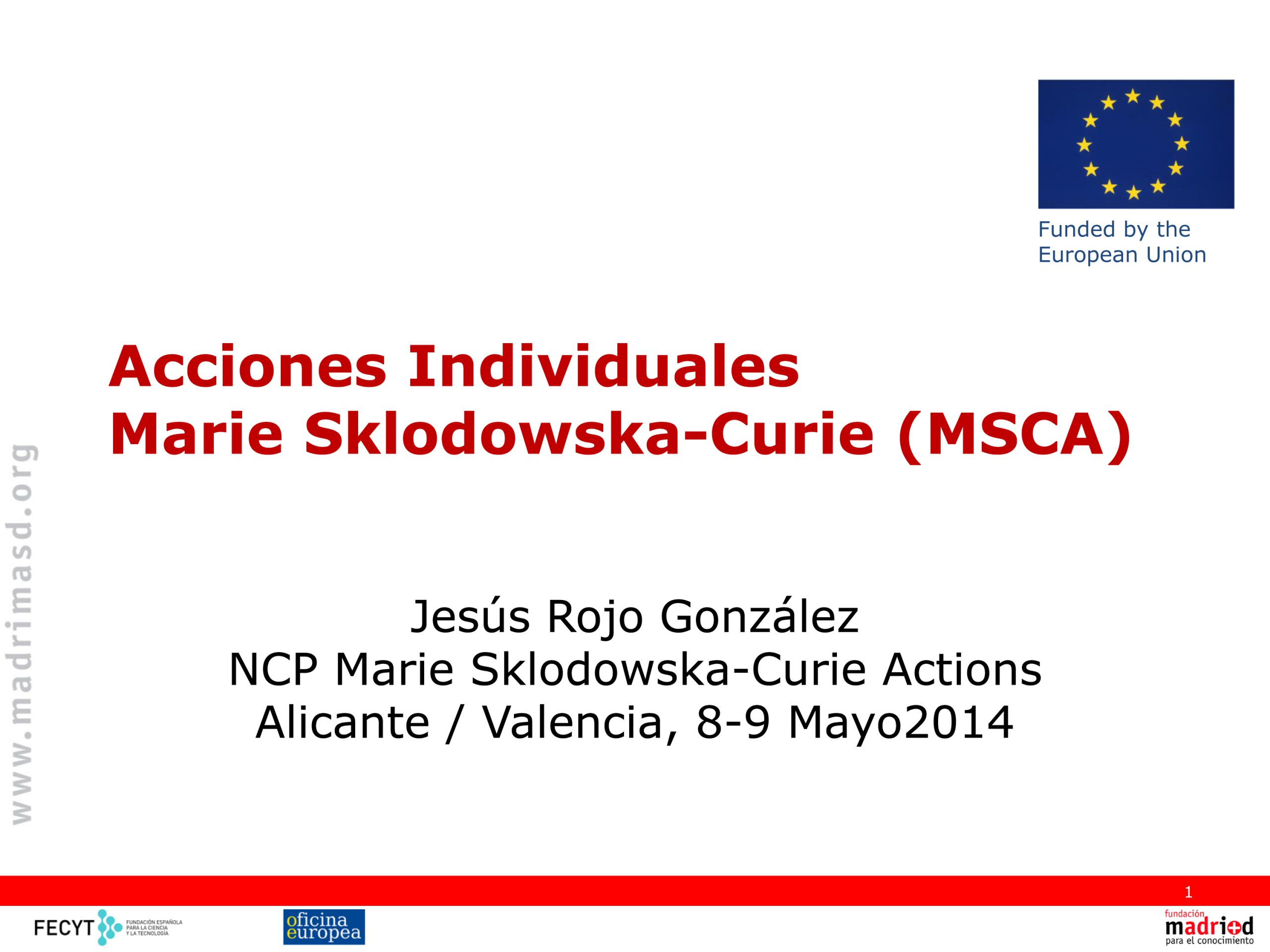Jornada Marie Sklodowska Curie Individual Fellowships – Alicante 2014