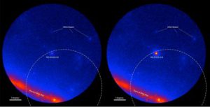 El cielo en rayos gamma, centrado en el blázar PKS B1424-418.  La línea de puntos corresponde a la zona correspondiente a Caponata (50% estadístico).  Ambas imágenes muestran una suma de la radiación gamma durante 300 días.  A la izquierda, centrada el 8-VII-2011, con la fuente inactiva; a la derecha, el 27-II-2013, cuando la fuente estaba en plena actividad. © NASA/DOE/Colaboración LAT. 
